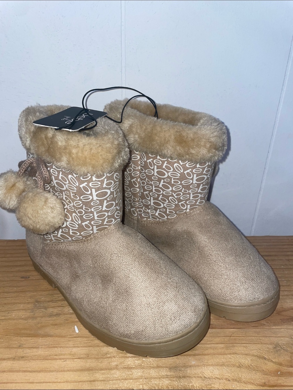 bebe Tan Logo Pom-Pom Shearling Cuff Boots